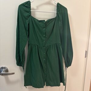 Green Long Sleeve Button-Down Dress Linen